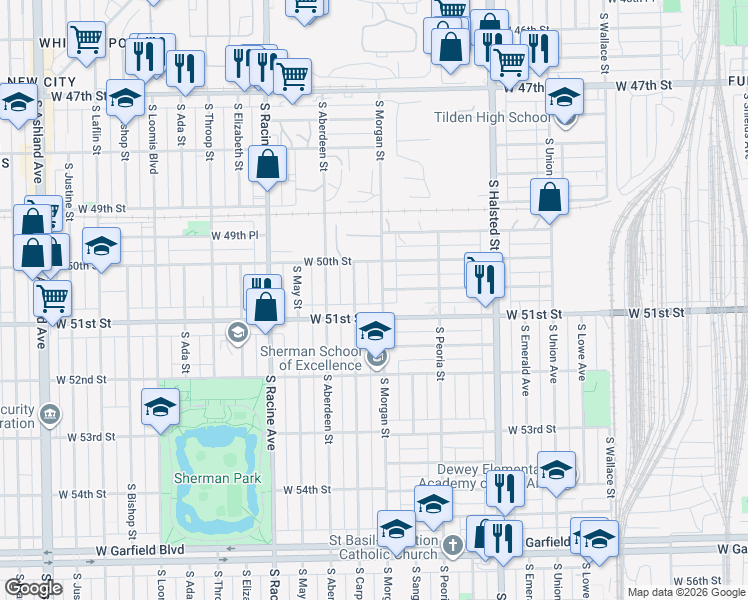 map of restaurants, bars, coffee shops, grocery stores, and more near 5043 South Carpenter Street in Chicago