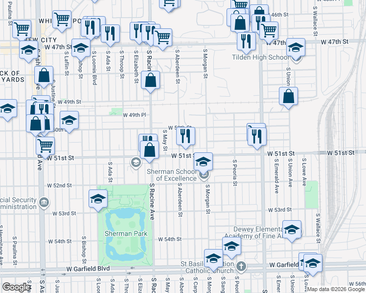 map of restaurants, bars, coffee shops, grocery stores, and more near 5045 South Aberdeen Street in Chicago
