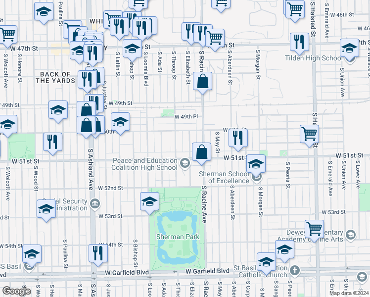 map of restaurants, bars, coffee shops, grocery stores, and more near 5043 South Throop Street in Chicago