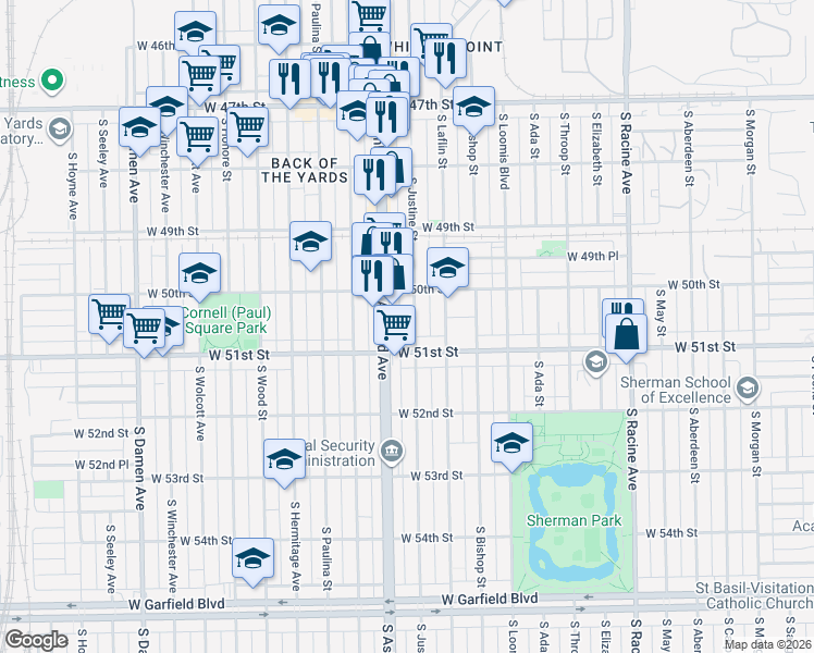map of restaurants, bars, coffee shops, grocery stores, and more near 5037 South Ashland Avenue in Chicago