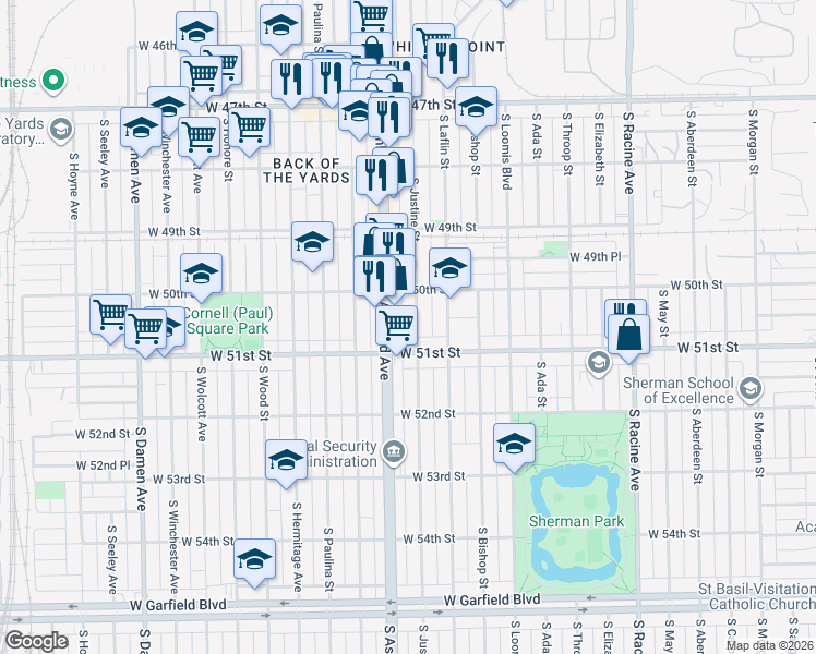 map of restaurants, bars, coffee shops, grocery stores, and more near 5037 South Ashland Avenue in Chicago