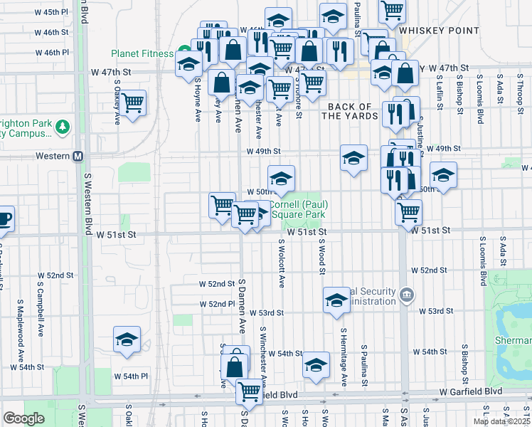 map of restaurants, bars, coffee shops, grocery stores, and more near 5036 South Winchester Avenue in Chicago