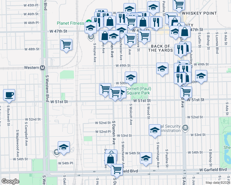 map of restaurants, bars, coffee shops, grocery stores, and more near 5036 South Winchester Avenue in Chicago