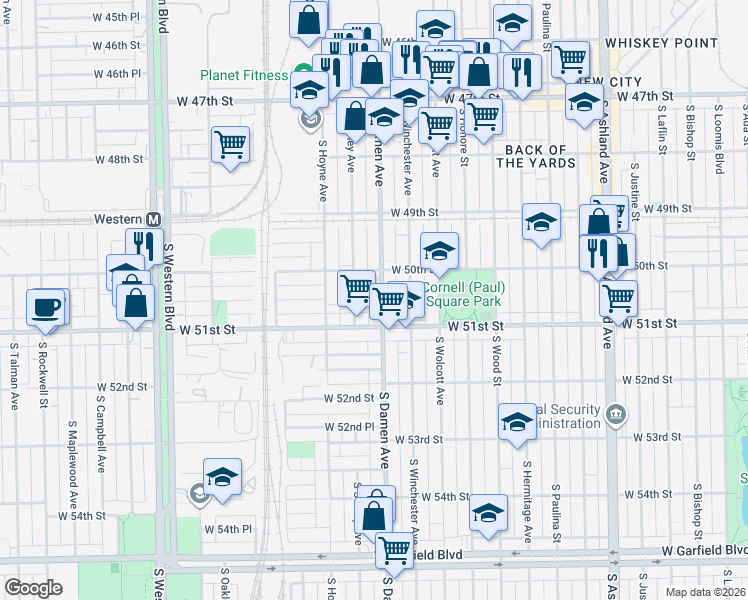 map of restaurants, bars, coffee shops, grocery stores, and more near 5036 South Damen Avenue in Chicago