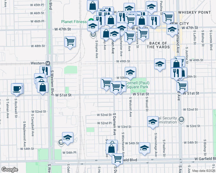 map of restaurants, bars, coffee shops, grocery stores, and more near 5036 South Damen Avenue in Chicago