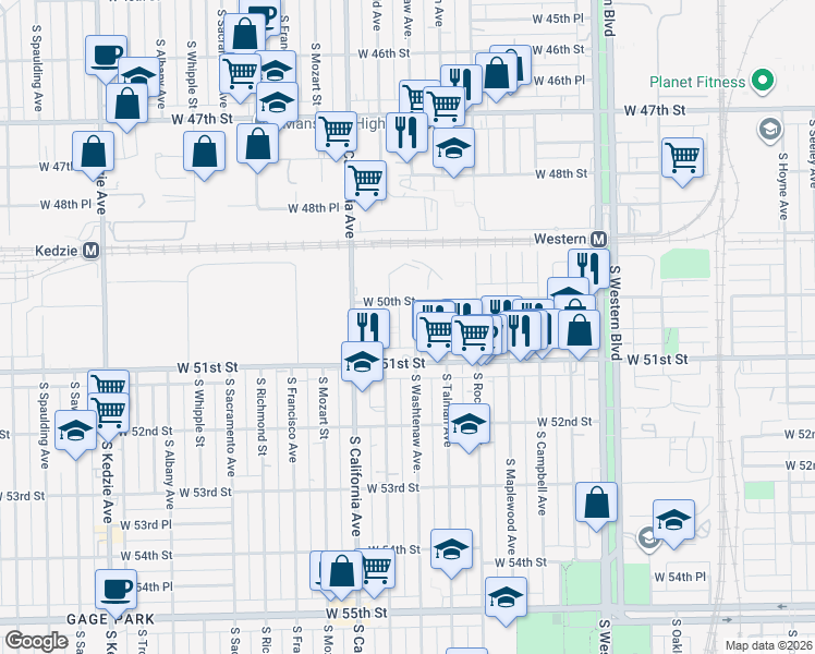 map of restaurants, bars, coffee shops, grocery stores, and more near 5029 South Washtenaw Avenue in Chicago
