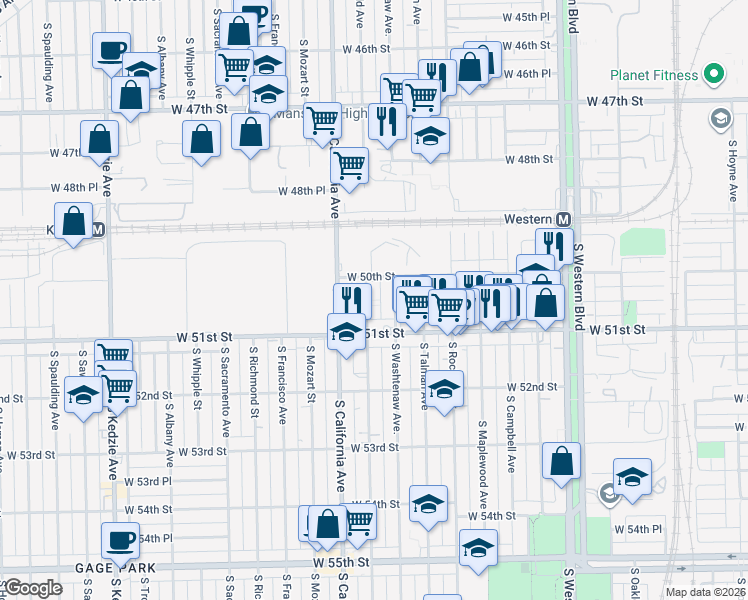 map of restaurants, bars, coffee shops, grocery stores, and more near 5026 South Fairfield Avenue in Chicago
