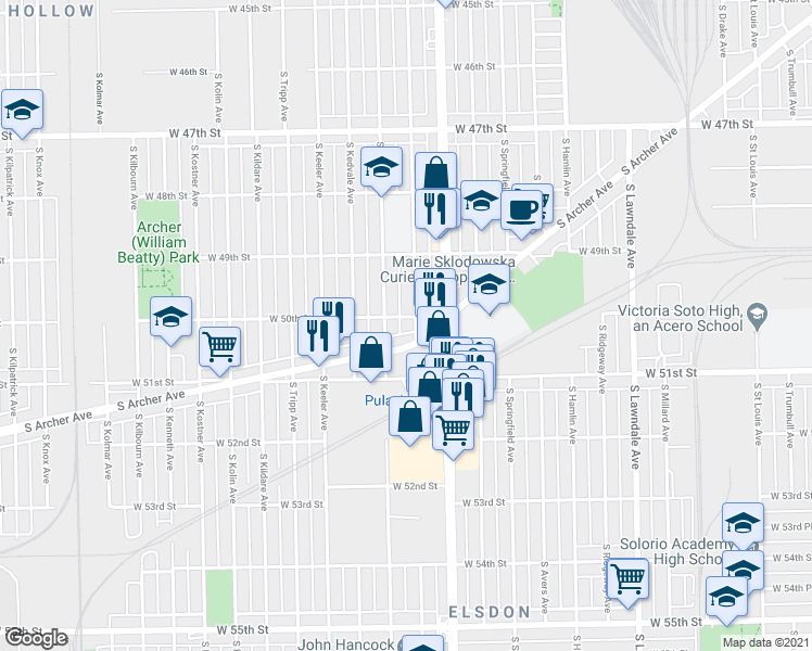 map of restaurants, bars, coffee shops, grocery stores, and more near 5018 South Archer Avenue in Chicago