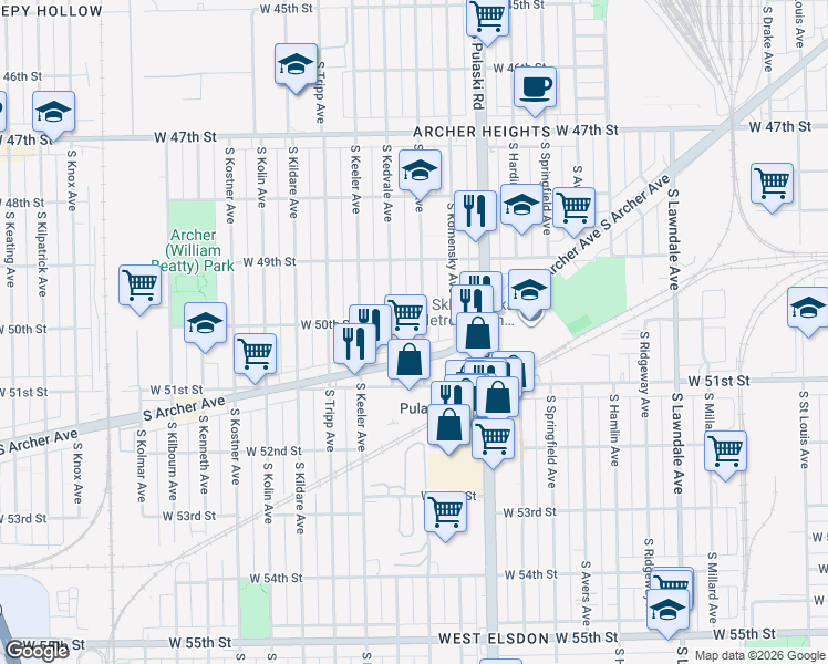 map of restaurants, bars, coffee shops, grocery stores, and more near 5008 South Karlov Avenue in Chicago