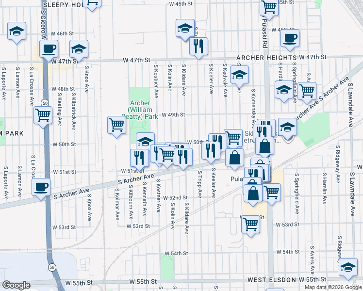 map of restaurants, bars, coffee shops, grocery stores, and more near 5007 South Kildare Avenue in Chicago
