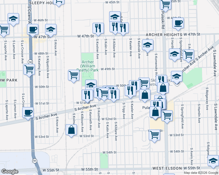 map of restaurants, bars, coffee shops, grocery stores, and more near 5008 South Kolin Avenue in Chicago