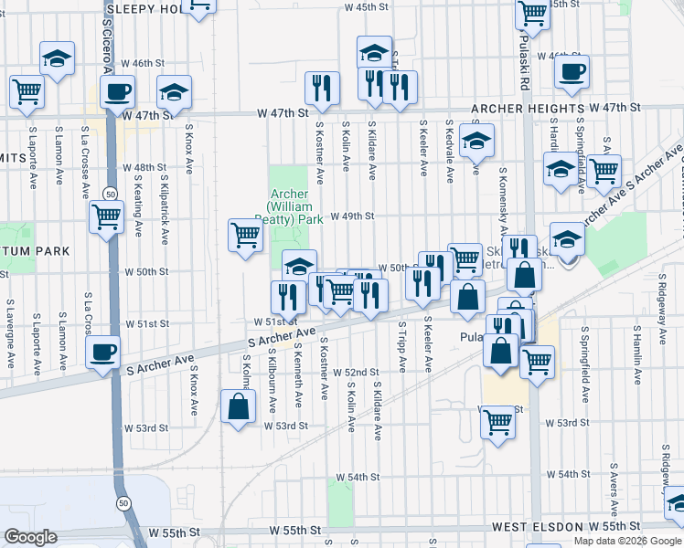 map of restaurants, bars, coffee shops, grocery stores, and more near 5008 South Kolin Avenue in Chicago