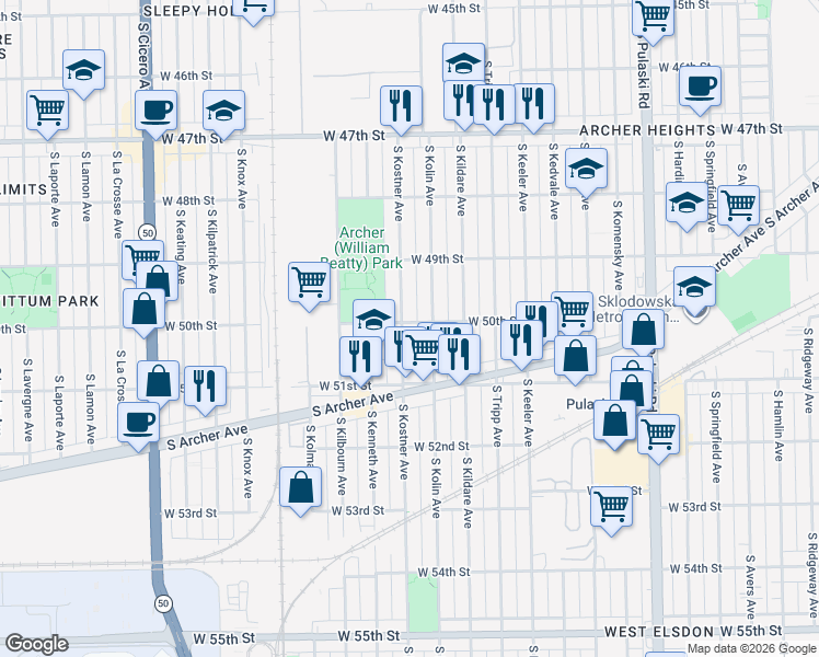 map of restaurants, bars, coffee shops, grocery stores, and more near 5029 South Kenneth Avenue in Chicago