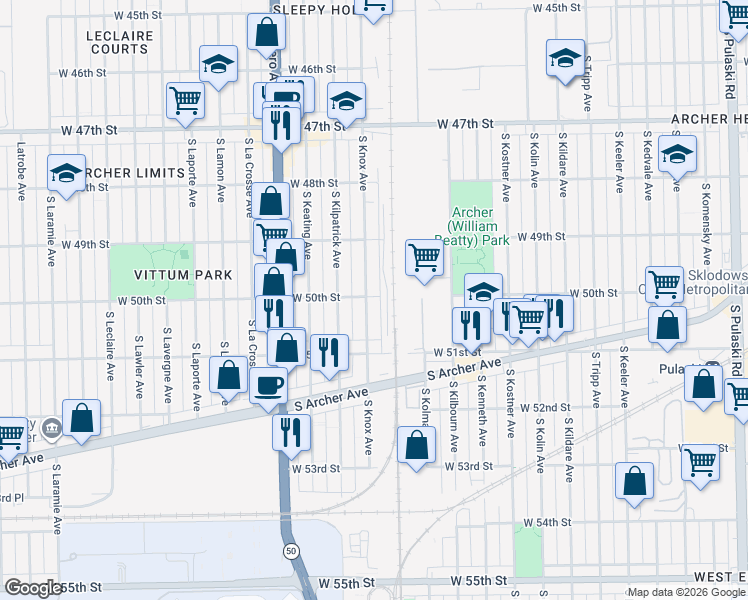 map of restaurants, bars, coffee shops, grocery stores, and more near 5004 South Knox Avenue in Chicago