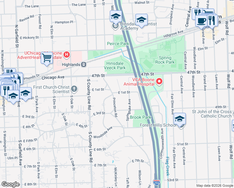 map of restaurants, bars, coffee shops, grocery stores, and more near 101 Princeton Road in Hinsdale