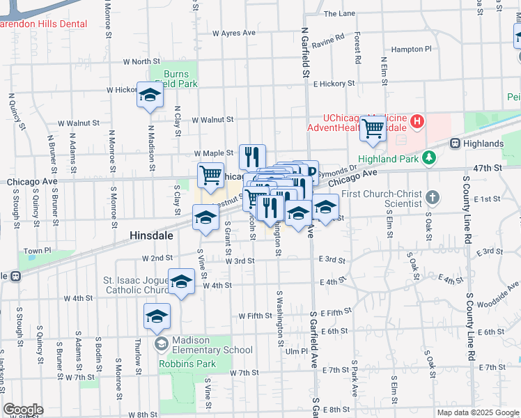map of restaurants, bars, coffee shops, grocery stores, and more near 44 West Hinsdale Avenue in Hinsdale