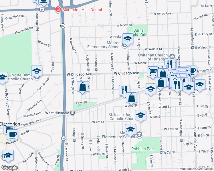 map of restaurants, bars, coffee shops, grocery stores, and more near 39 South Bodin Street in Hinsdale