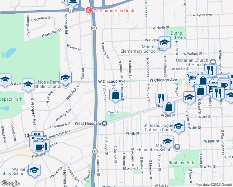map of restaurants, bars, coffee shops, grocery stores, and more near 37 South Quincy Street in Hinsdale