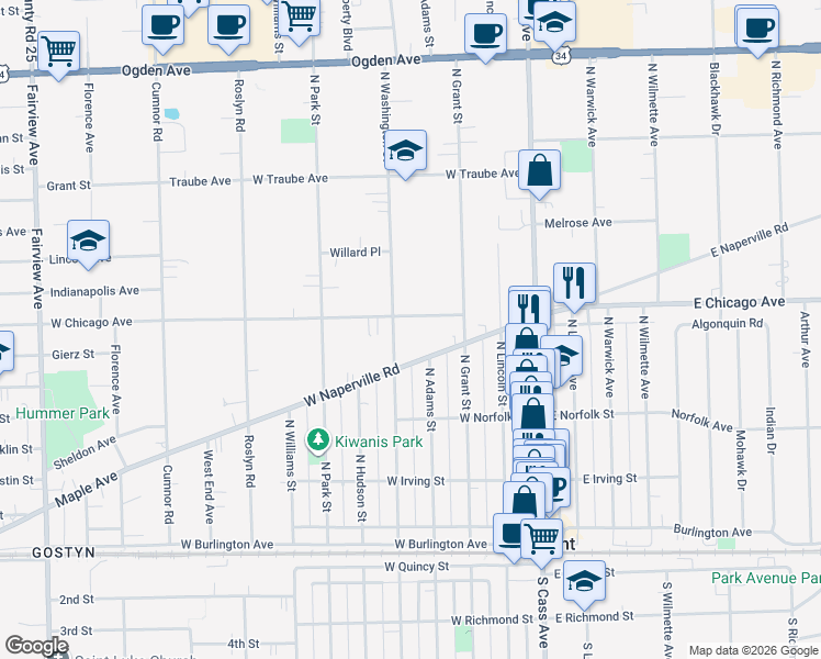 map of restaurants, bars, coffee shops, grocery stores, and more near 259 North Washington Street in Westmont