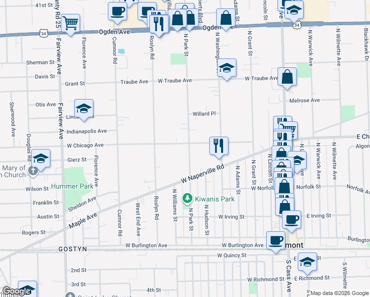 map of restaurants, bars, coffee shops, grocery stores, and more near 256 North Park Street in Westmont