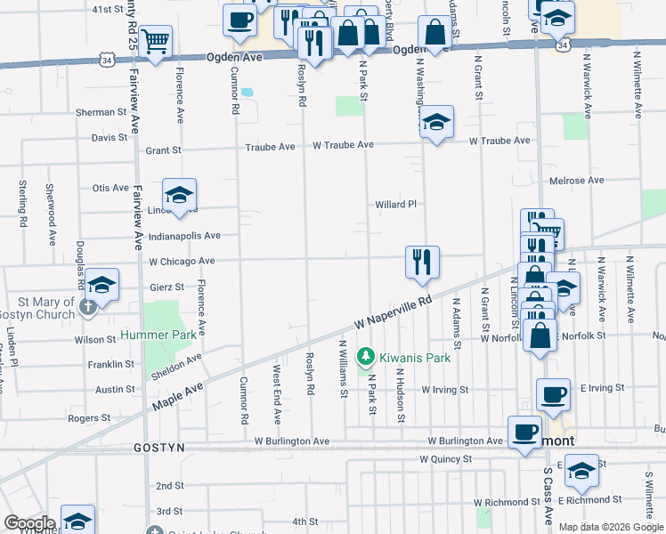 map of restaurants, bars, coffee shops, grocery stores, and more near 15 Chicago Avenue in Downers Grove