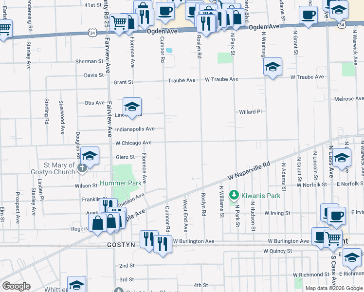 map of restaurants, bars, coffee shops, grocery stores, and more near 131 Chicago Avenue in Downers Grove