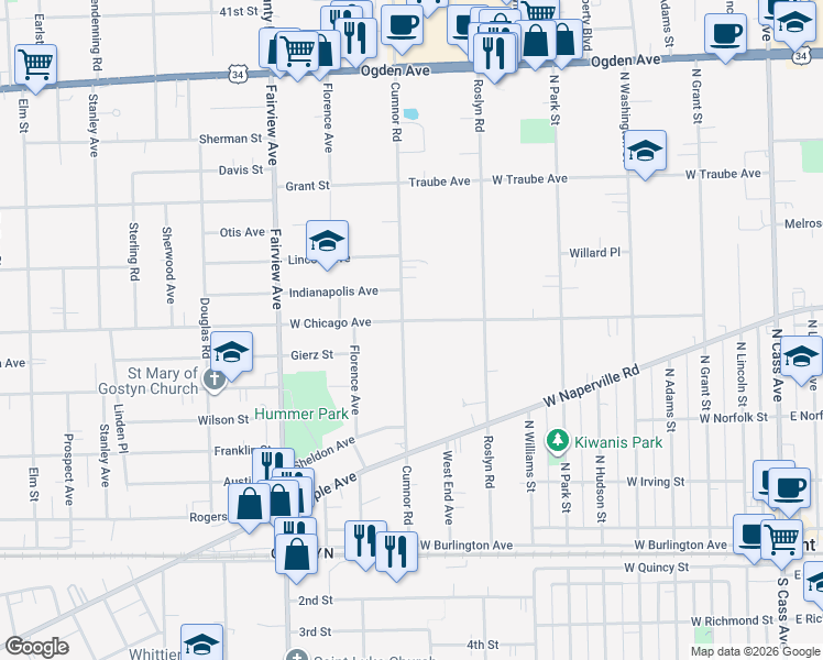 map of restaurants, bars, coffee shops, grocery stores, and more near 4701 Cumnor Road in Downers Grove