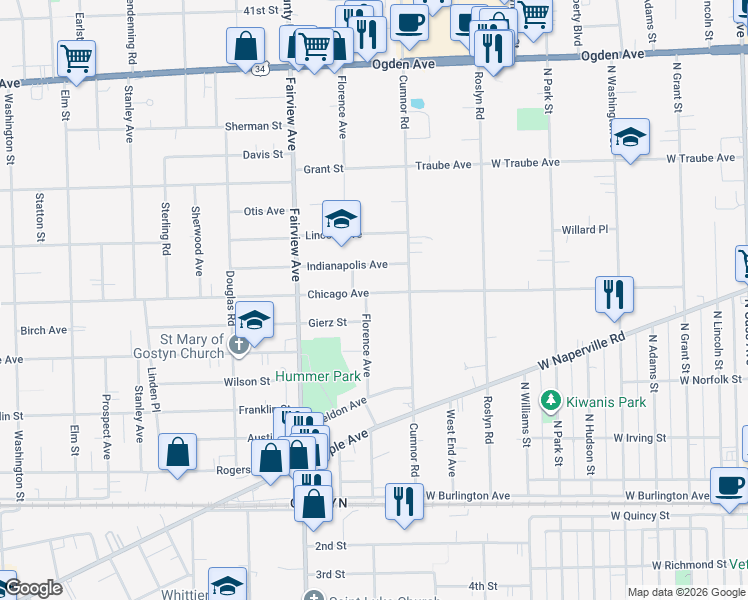 map of restaurants, bars, coffee shops, grocery stores, and more near 237 Chicago Avenue in Downers Grove