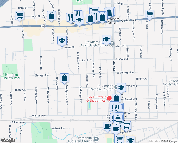 map of restaurants, bars, coffee shops, grocery stores, and more near 4645 Linscott Avenue in Downers Grove