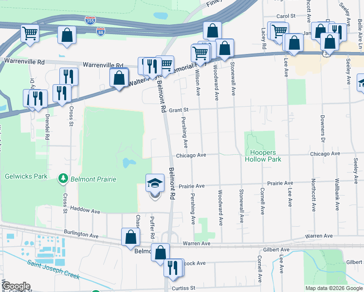map of restaurants, bars, coffee shops, grocery stores, and more near 4624 Pershing Avenue in Downers Grove