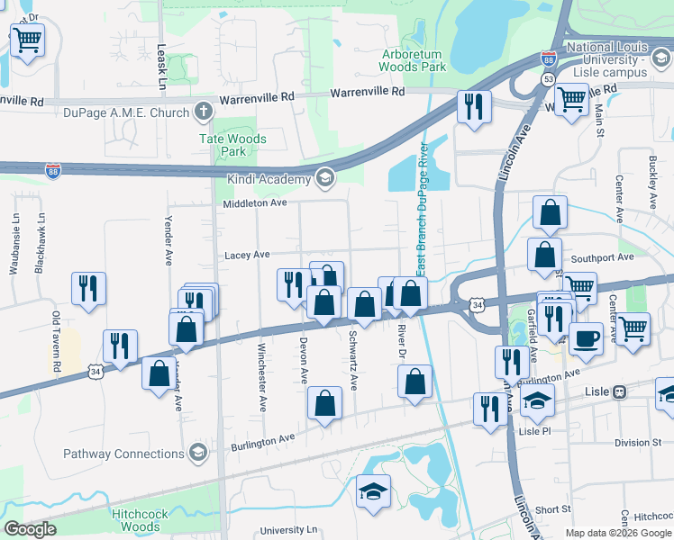map of restaurants, bars, coffee shops, grocery stores, and more near 4613 Devon Avenue in Lisle