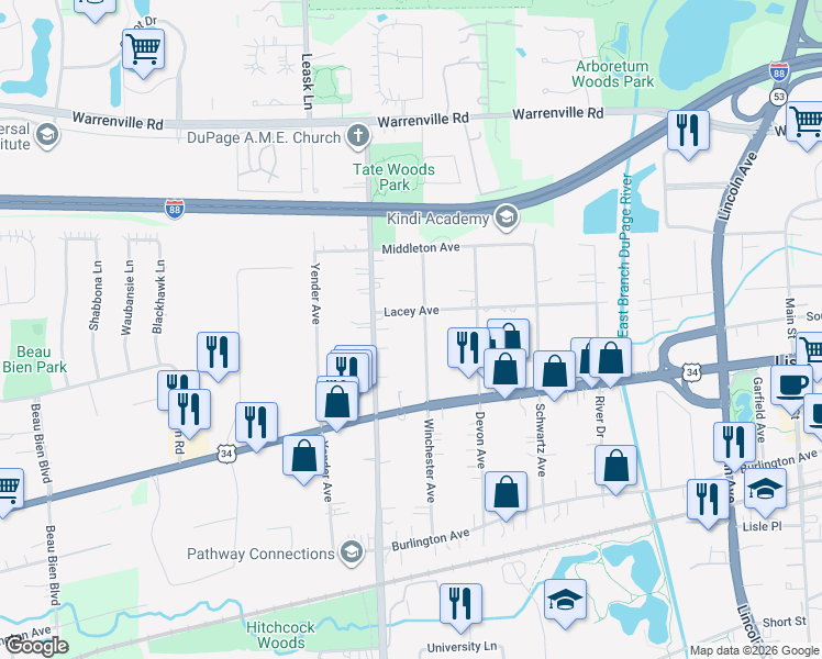 map of restaurants, bars, coffee shops, grocery stores, and more near 4607 Winchester Avenue in Lisle
