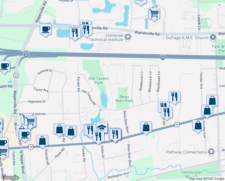 map of restaurants, bars, coffee shops, grocery stores, and more near 2690 Bonita Court in Lisle