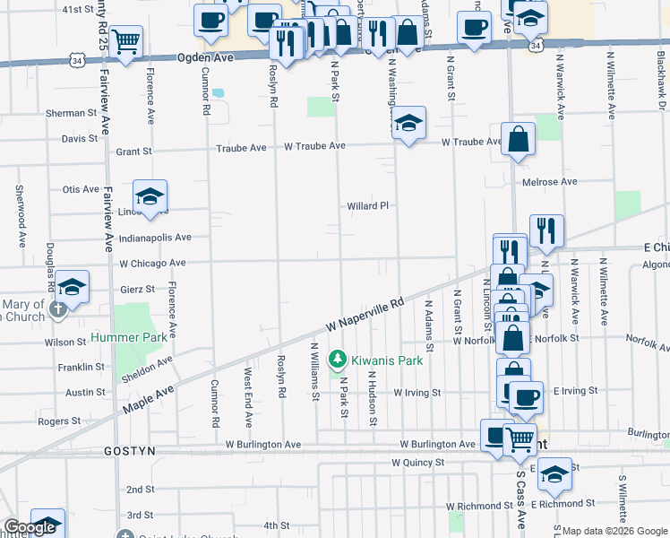 map of restaurants, bars, coffee shops, grocery stores, and more near 256 North Park Street in Westmont