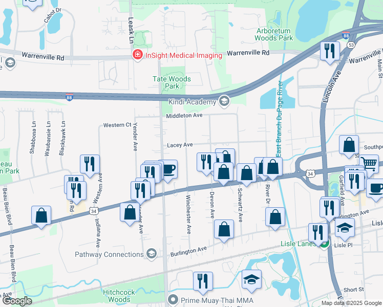 map of restaurants, bars, coffee shops, grocery stores, and more near 4607 Winchester Avenue in Lisle