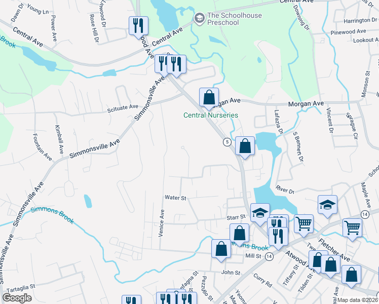 map of restaurants, bars, coffee shops, grocery stores, and more near 5 Pico Circle in Johnston