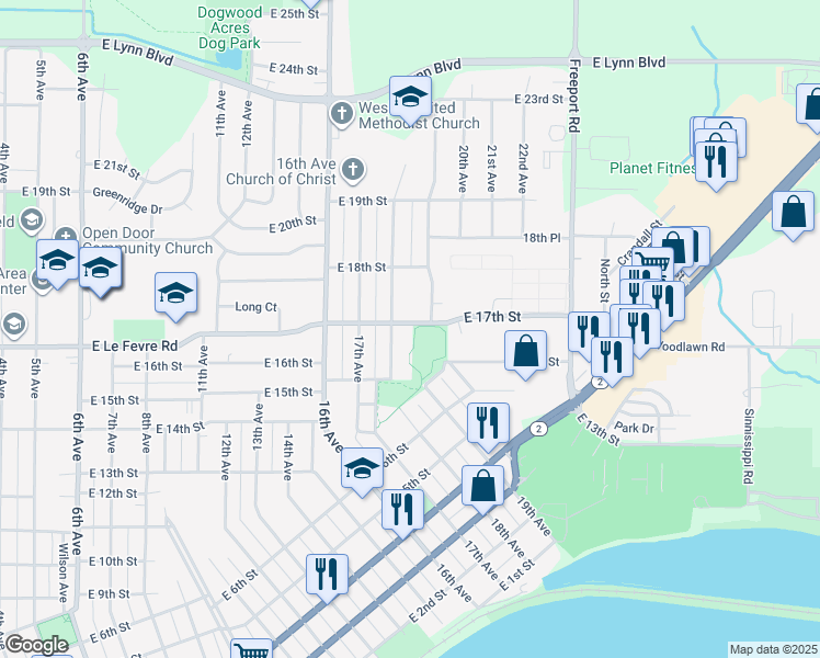 map of restaurants, bars, coffee shops, grocery stores, and more near 1805 East Le Fevre Road in Sterling