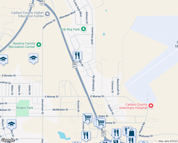 map of restaurants, bars, coffee shops, grocery stores, and more near 1507 Edinburgh Street in Rawlins