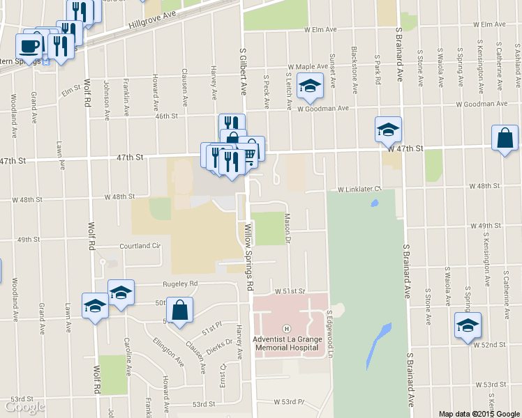 map of restaurants, bars, coffee shops, grocery stores, and more near 1414 Mason Drive in La Grange