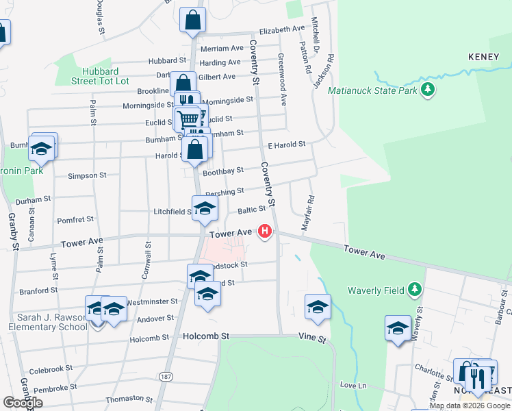 map of restaurants, bars, coffee shops, grocery stores, and more near 38 Baltic Street in Hartford