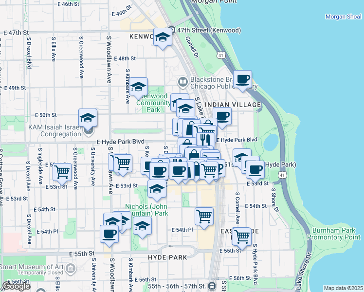 map of restaurants, bars, coffee shops, grocery stores, and more near 5107 South Blackstone Avenue in Chicago