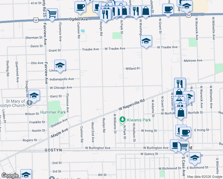 map of restaurants, bars, coffee shops, grocery stores, and more near 15 West Chicago Avenue in Downers Grove