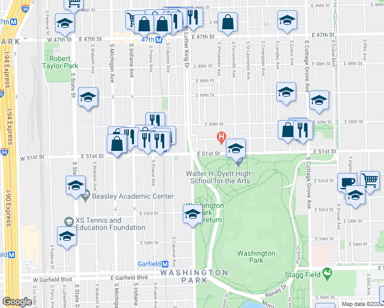 map of restaurants, bars, coffee shops, grocery stores, and more near S King Dr & E 51st St in Chicago