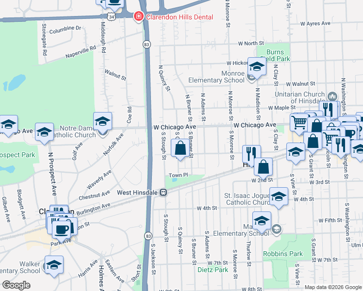 map of restaurants, bars, coffee shops, grocery stores, and more near 37 South Quincy Street in Hinsdale