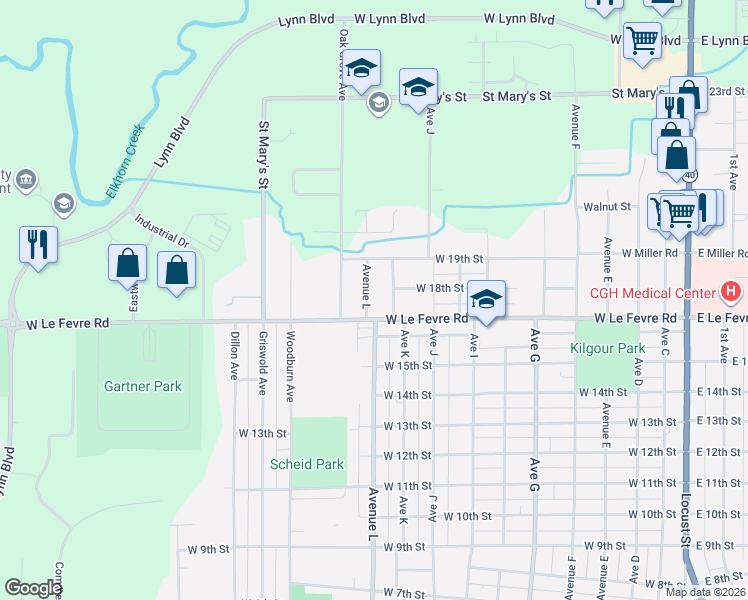 map of restaurants, bars, coffee shops, grocery stores, and more near 1705 Avenue K in Sterling