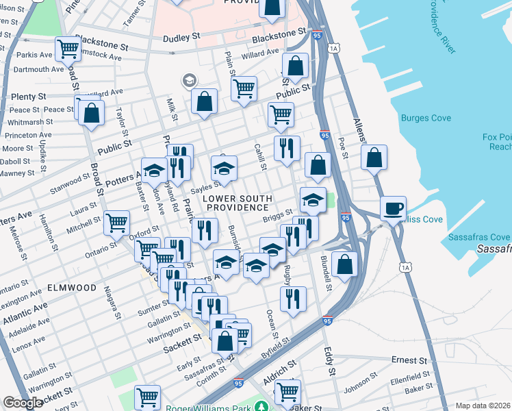 map of restaurants, bars, coffee shops, grocery stores, and more near 67 Ashmont Street in Providence