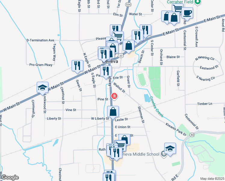 map of restaurants, bars, coffee shops, grocery stores, and more near 219 South Broadway in Geneva