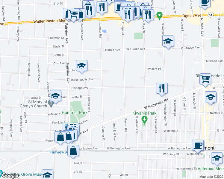 map of restaurants, bars, coffee shops, grocery stores, and more near 131 Chicago Avenue in Downers Grove