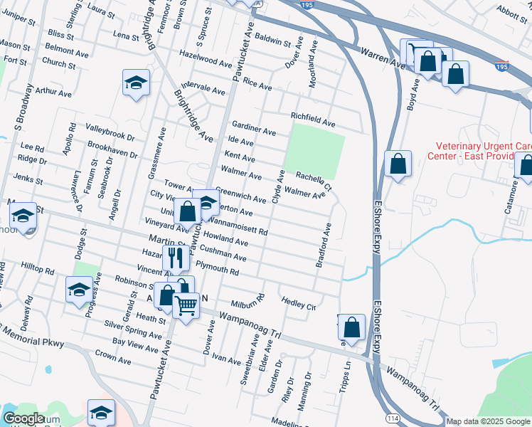 map of restaurants, bars, coffee shops, grocery stores, and more near 78 Allerton Avenue in East Providence
