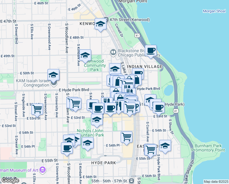 map of restaurants, bars, coffee shops, grocery stores, and more near 5107 South Blackstone Avenue in Chicago